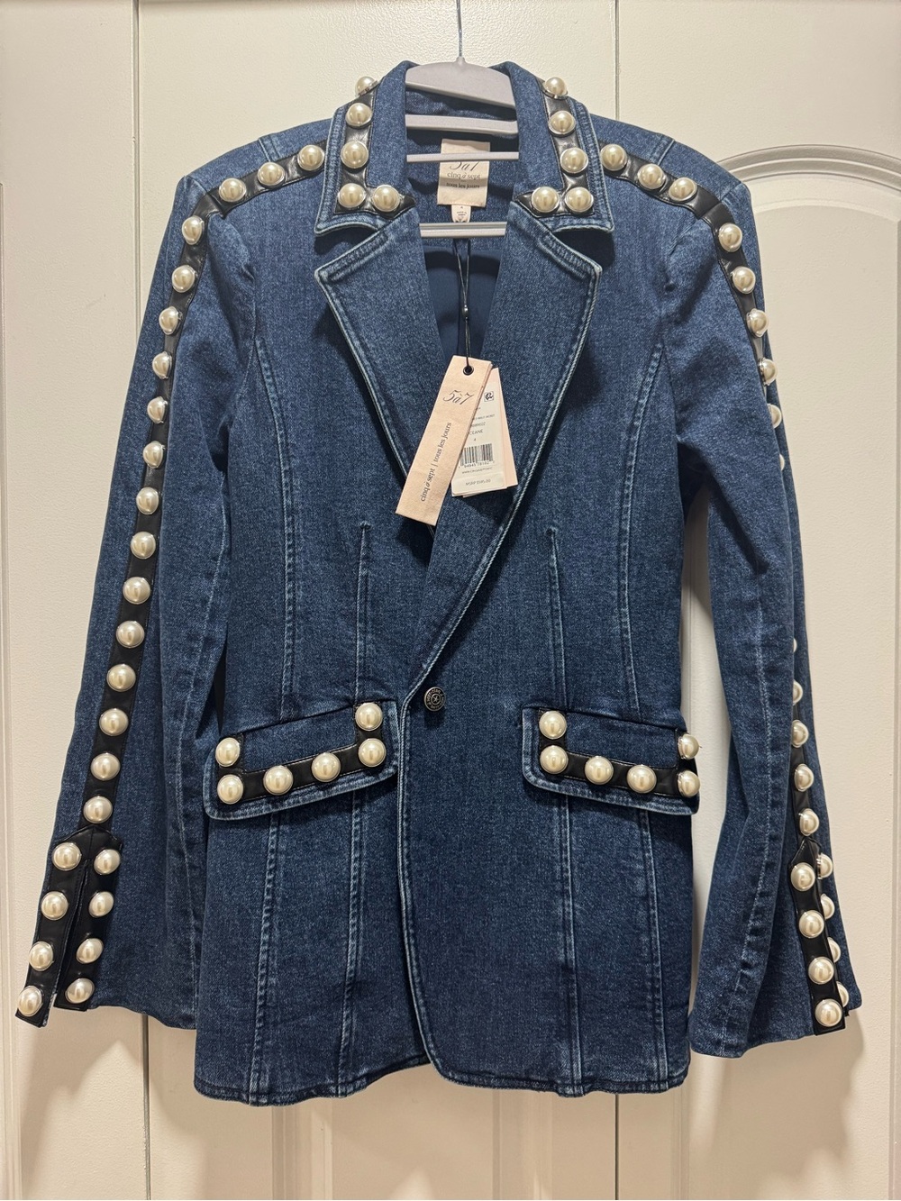 cinq a sept Dark Blue Denim Blazer with Pearl Trim